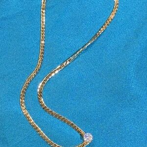 Vtg CZ Solitaire Stone Goldtone Herringbone Chain Necklace Magnetic Clasp Bling!